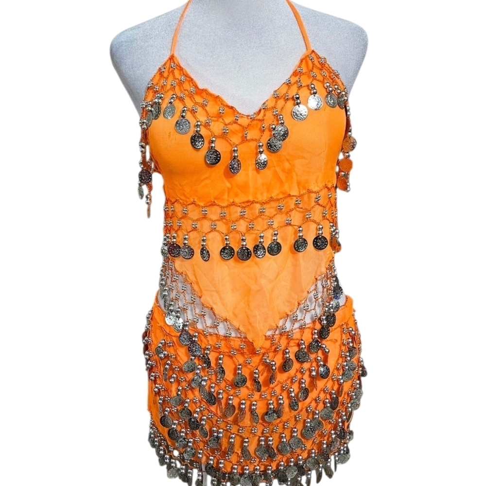 Two Piece Orange Belly Dance Costume with Silver Coin Accents. Size S/M